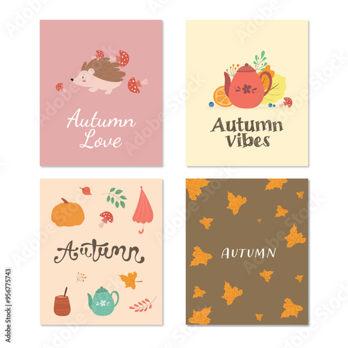 Autumn card set, autumn details set, cozy vector illustration