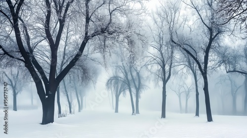 Wintery urban scape with snow-covered trees and fog.