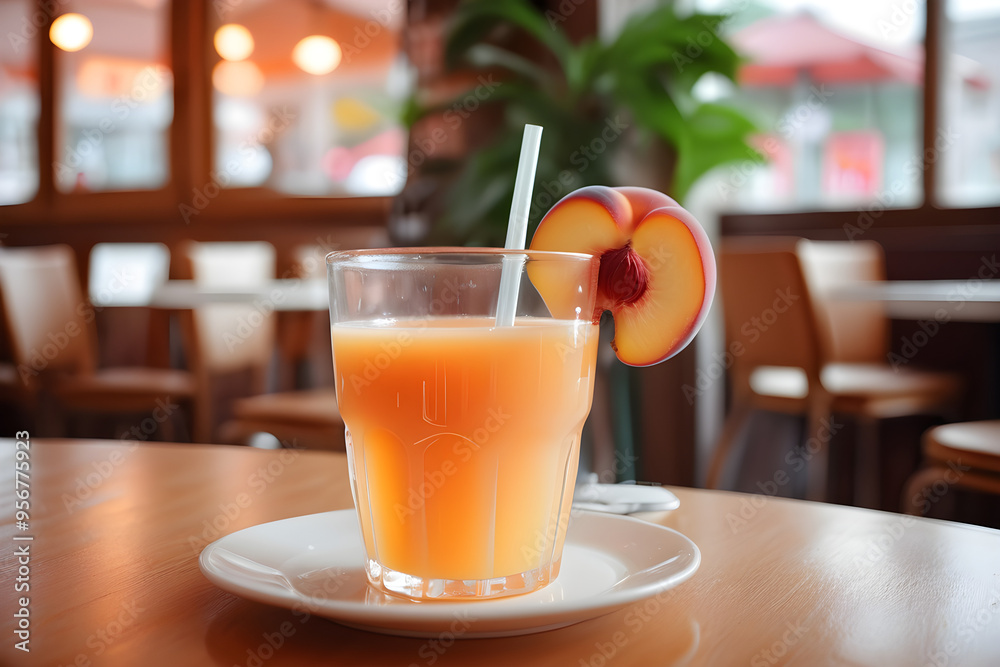 tasty bright peach juice in glass cup on table in cafe with piece of fruit and straw, healthy drink tasty bright peach juice in glass cup on table in cafe with piece of fruit and straw, healthy drink