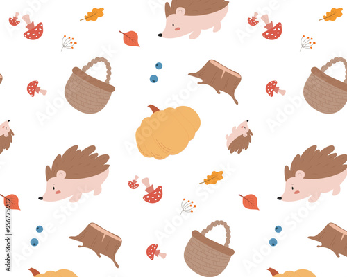 Autumn seamless pattern, hand drawn seasonal objects, vector illustration in flat style