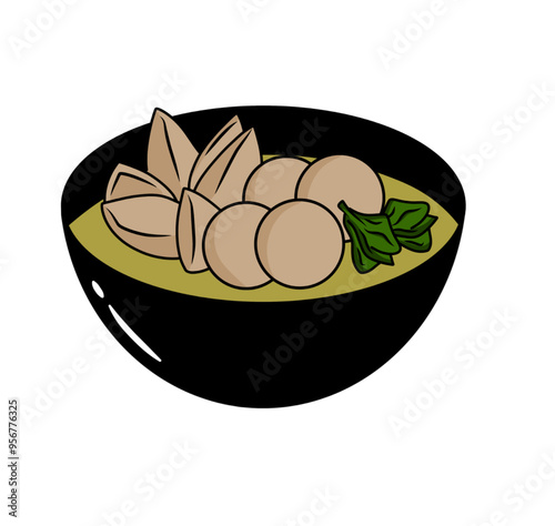 Meatball Bakso Indonesian Food With Noodle and Vegetable Cartoon Illustration Logo