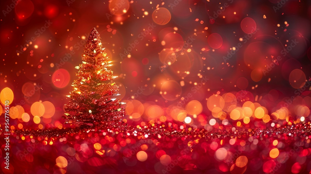 Red Christmas Tree with Sparkling Lights and Bokeh Background Red Christmas Tree with Sparkling Lights and Bokeh Background