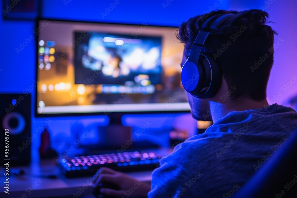 A teenage boy is addicted to the Internet. He uses the computer in his bedroom at night. A teenage boy is addicted to the Internet. He uses the computer in his bedroom at night.