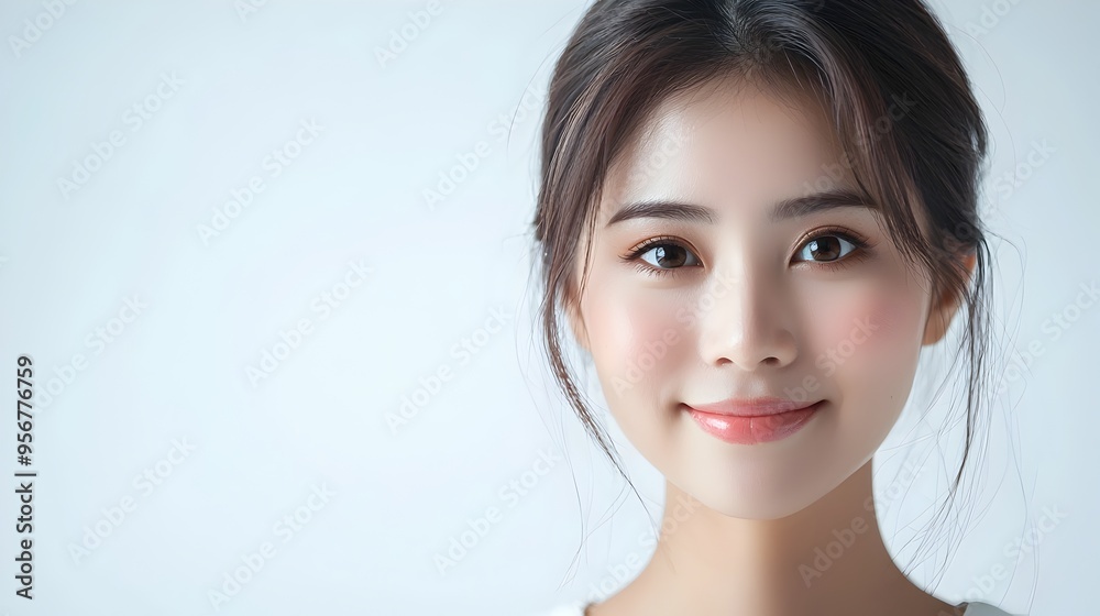Flawless Asian Woman with Radiant Glowing Skin Smiling Softly on White Background Flawless Asian Woman with Radiant Glowing Skin Smiling Softly on White Background