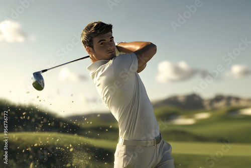 Professional golfer swings his club, sending sand flying. photo