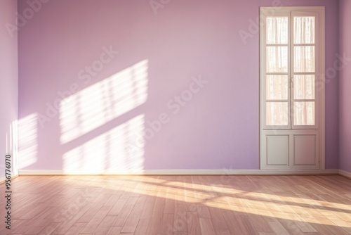 Light Lavender wall and wooden parquet floor, sunrays and shadows from window