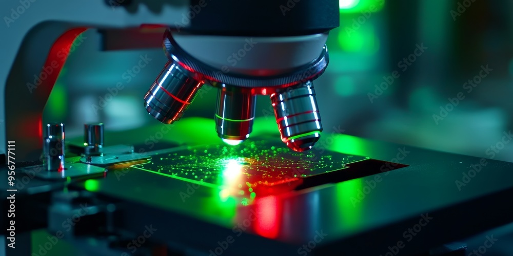 A close-up of a powerful laser microscope being used to study cells or microorganisms, with glowing green and red lights highlighting the intricate details. A close-up of a powerful laser microscope being used to study cells or microorganisms, with glowing green and red lights highlighting the intricate details.