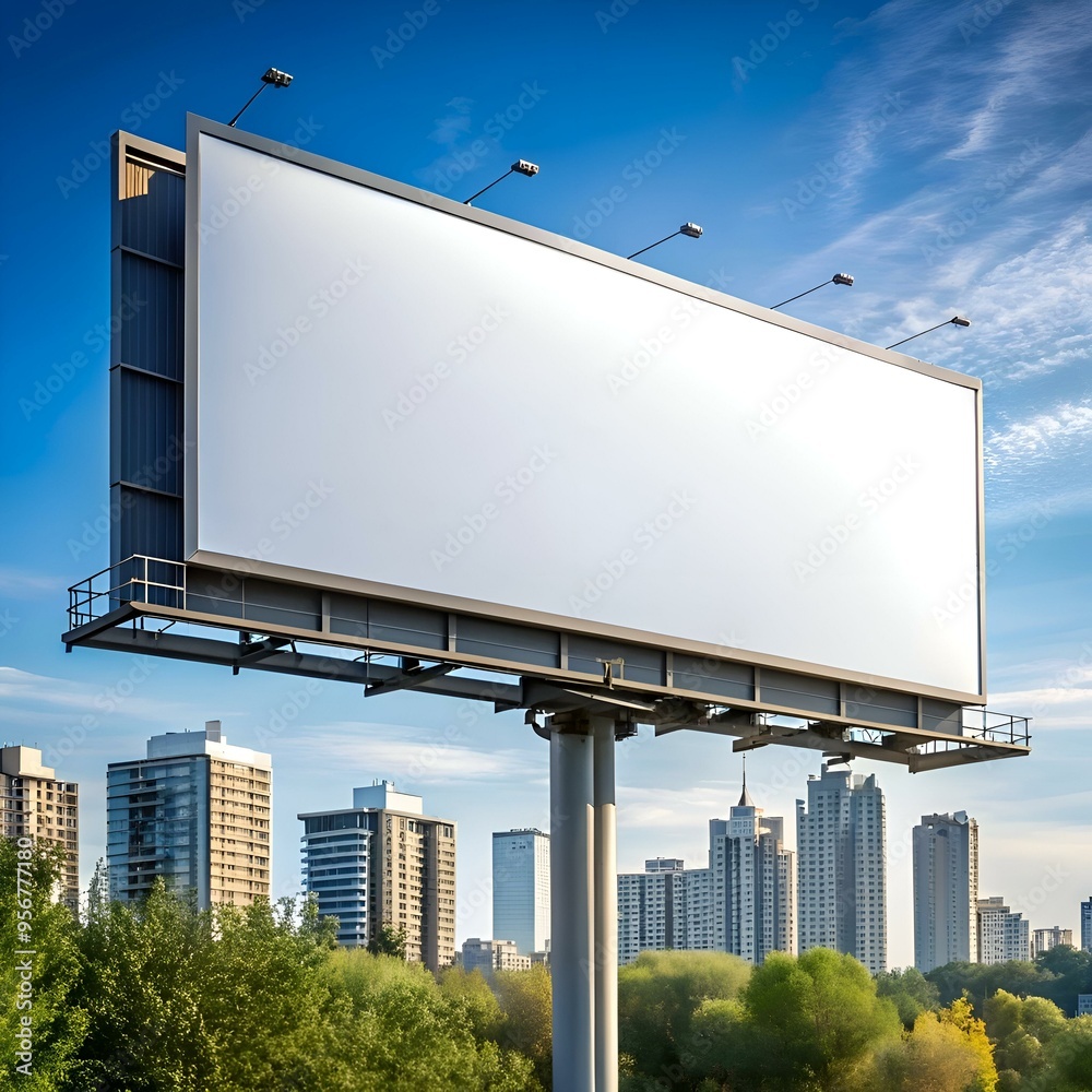 A large blank billboard stands tall against a clear blue sky. ready to display your message. A large blank billboard stands tall against a clear blue sky. ready to display your message.