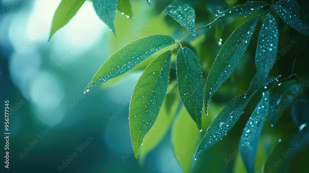 Dew-covered leaves with a gentle, blurred green backdrop, emphasizing freshness and tranquility. Dew-covered leaves with a gentle, blurred green backdrop, emphasizing freshness and tranquility.