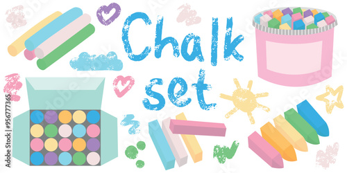 Chalks in box and chalk graphics vector set. Pieces of chalk and chalk crayons flat set