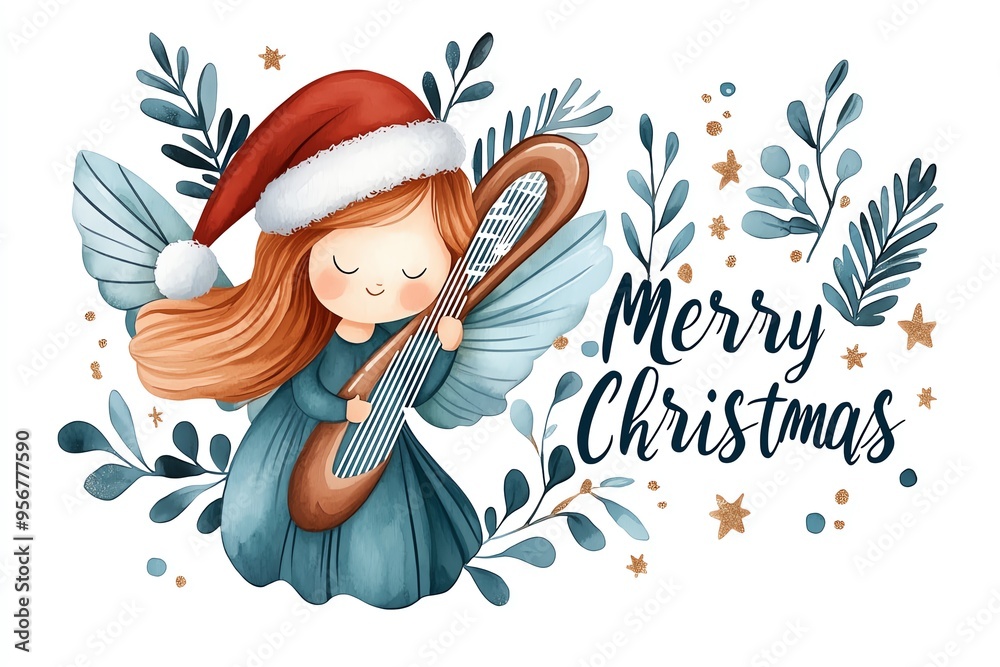 Cute Christmas angel with a harp, wearing a Santa hat, surrounded by festive greenery and stars. Perfect for holiday designs. Cute Christmas angel with a harp, wearing a Santa hat, surrounded by festive greenery and stars. Perfect for holiday designs.