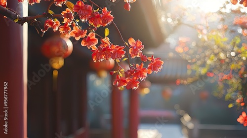 Chinese style, in temples, there are many Begonia Ã— hiemalis Fotsch. Mid shot, daytime, warm and bright environment, winter, realistic style, realistic scenes, camera shooting. photo