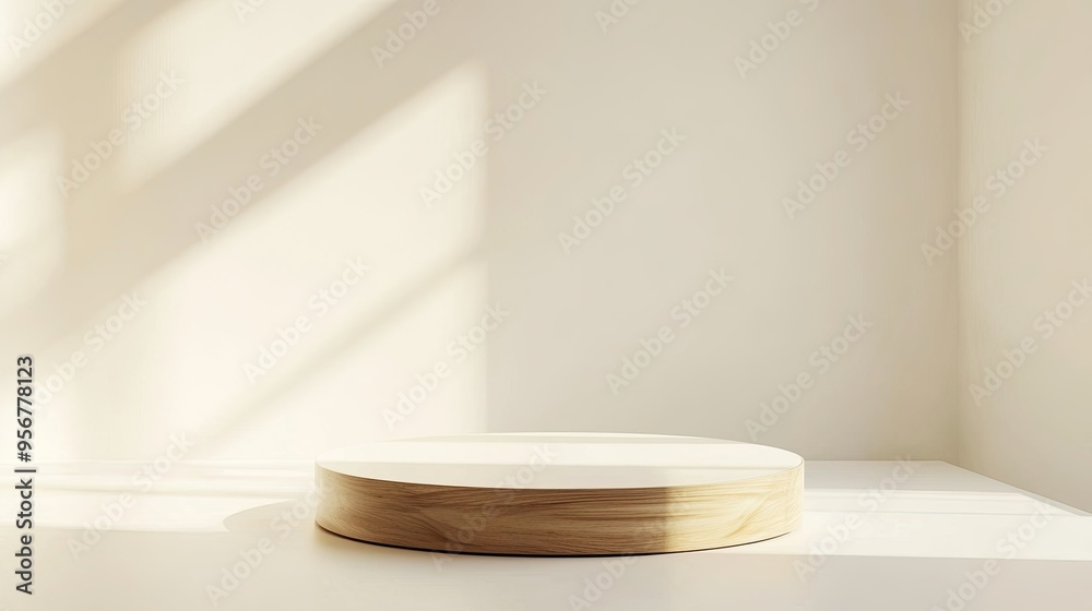 Elegant white 3D podium with a wooden surface, centered on a soft background, perfect for product presentation Elegant white 3D podium with a wooden surface, centered on a soft background, perfect for product presentation