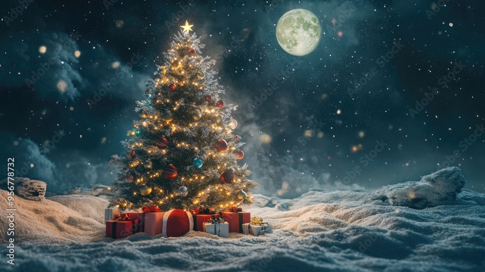 Fototapeta premium Festive Christmas tree with glittering ornaments and gift boxes resting on a blanket of snow in the moonlight