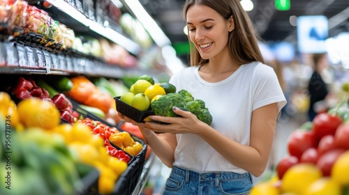 A woman enjoys selecting fresh vegetables and fruits in a grocery store, highlighting healthy eating and vibrant produce. photo