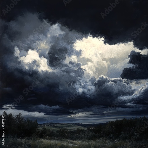 Dramatic cloudscape with a burst of light from behind dark clouds, over a rural landscape.