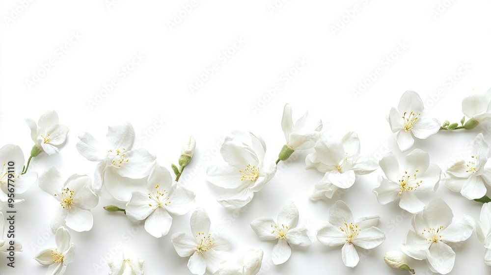 Obraz premium Fresh jasmine blossoms arranged along the bottom, with a clean white background providing space for text above.