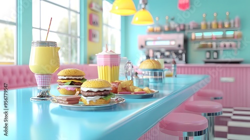 Wallpaper Mural A vibrant diner scene with pastel shades and 3D-rendered comfort food on the counter Torontodigital.ca