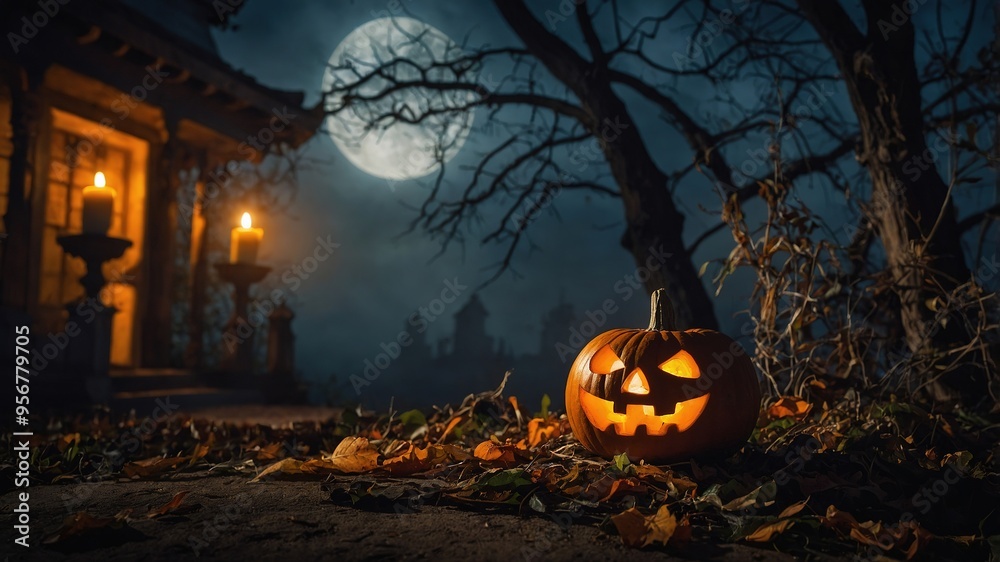 Fondo de Halloween con una luna llena iluminando un bosque fantasmal. Una calabaza encendida reposa al pie de unos árboles inquietantes. Póster de Halloween donde vemos una calabaza con luz Fondo de Halloween con una luna llena iluminando un bosque fantasmal. Una calabaza encendida reposa al pie de unos árboles inquietantes. Póster de Halloween donde vemos una calabaza con luz