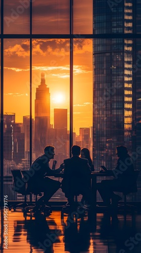 A group of business people in an office meeting room, sitting around the table with large windows overlooking the cityscape at sunset