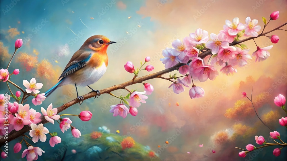 Artistic painting of a bird on a branch with cherry blossoms, bird, branch, cherry blossoms, flowers, painting, art, nature