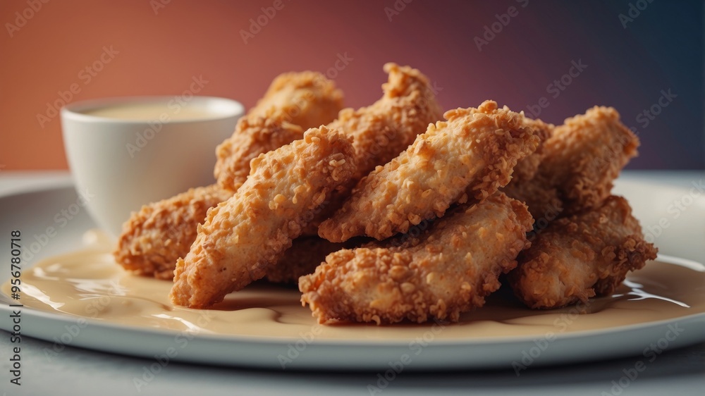 Crispy fried chicken strips dipped in creamy sauce. Crispy fried chicken strips dipped in creamy sauce.
