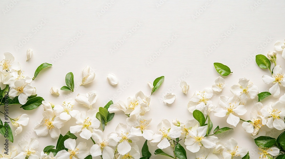 Jasmine flowers scattered along the bottom edge, with space for text above on a light background Jasmine flowers scattered along the bottom edge, with space for text above on a light background