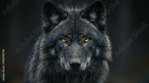 Close-up Portrait of a Black Wolf with Intense Golden Eyes
