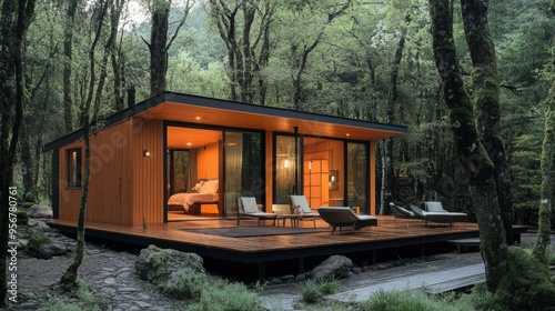A modern wooden cabin nestled in a serene forest, offering a tranquil retreat surrounded by nature's beauty.