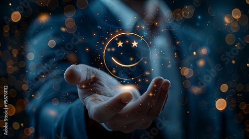 Hand Holding a Glowing Smiley Face with Two Stars Above it