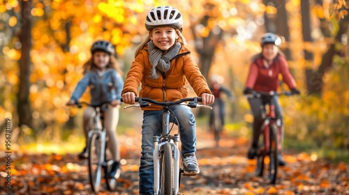 Children happily ride bikes on a leaf-covered path in a colorful autumn forest, enjoying freedom and joy in nature