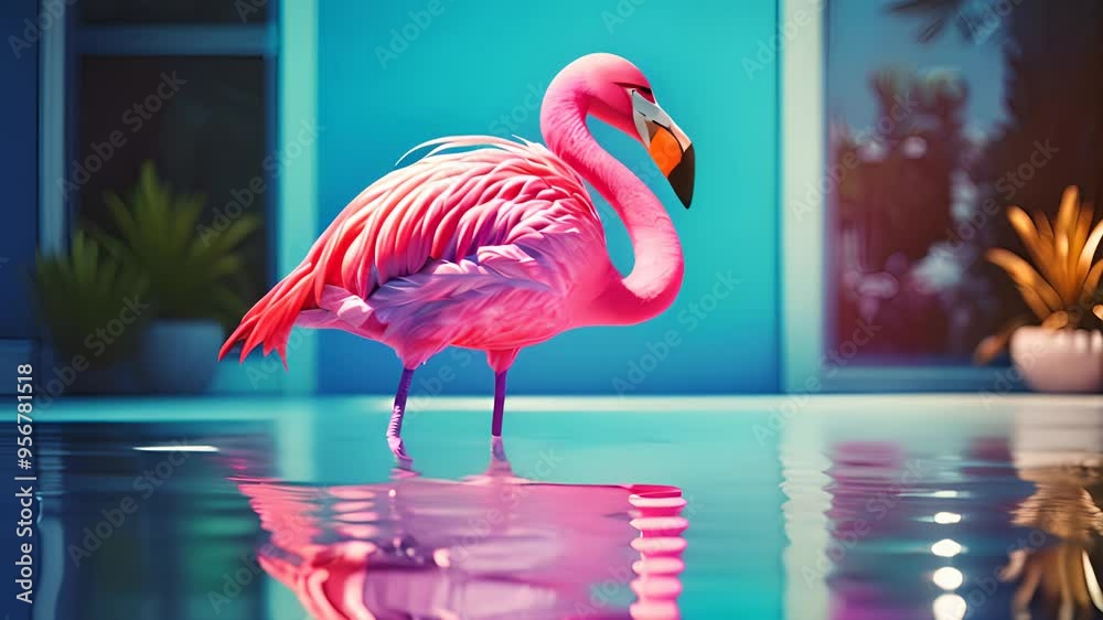 pink flamingo in pool, sea vacation concept. Generative Ai