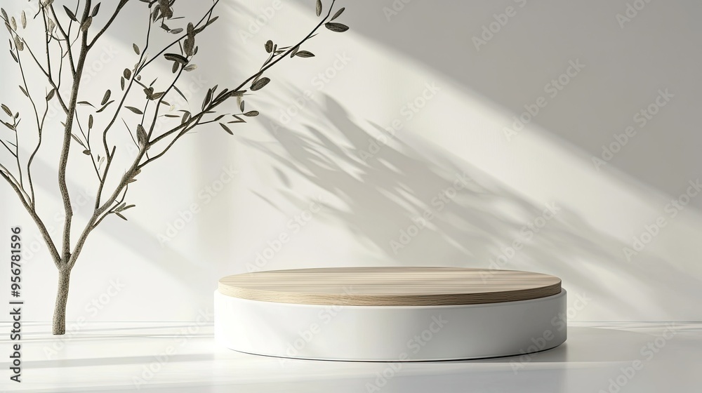 Minimalist 3D round podium in white with a wood top, set on a clean, neutral background, ideal for showcasing elegance. Minimalist 3D round podium in white with a wood top, set on a clean, neutral background, ideal for showcasing elegance.