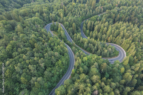 Aerial view of scenic winding mountain road cutting through the green forest
