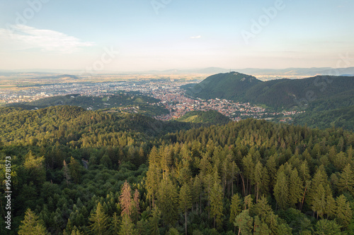 Aerial landscape of Brasov city seen from the road leading to Poiana Brasov