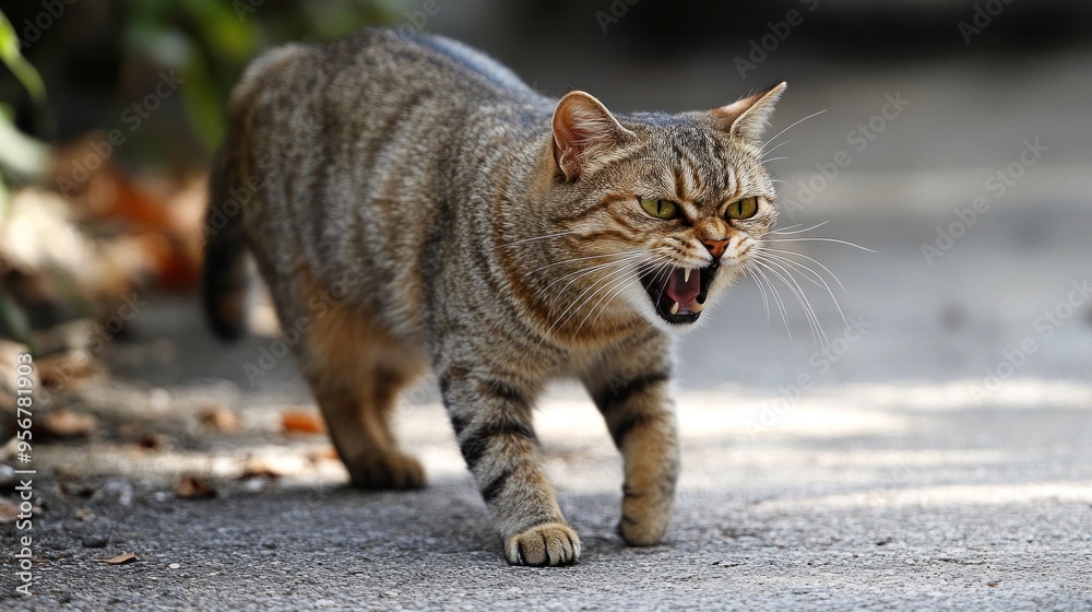 A Tabby Cat Walking on a Concrete Path A Tabby Cat Walking on a Concrete Path