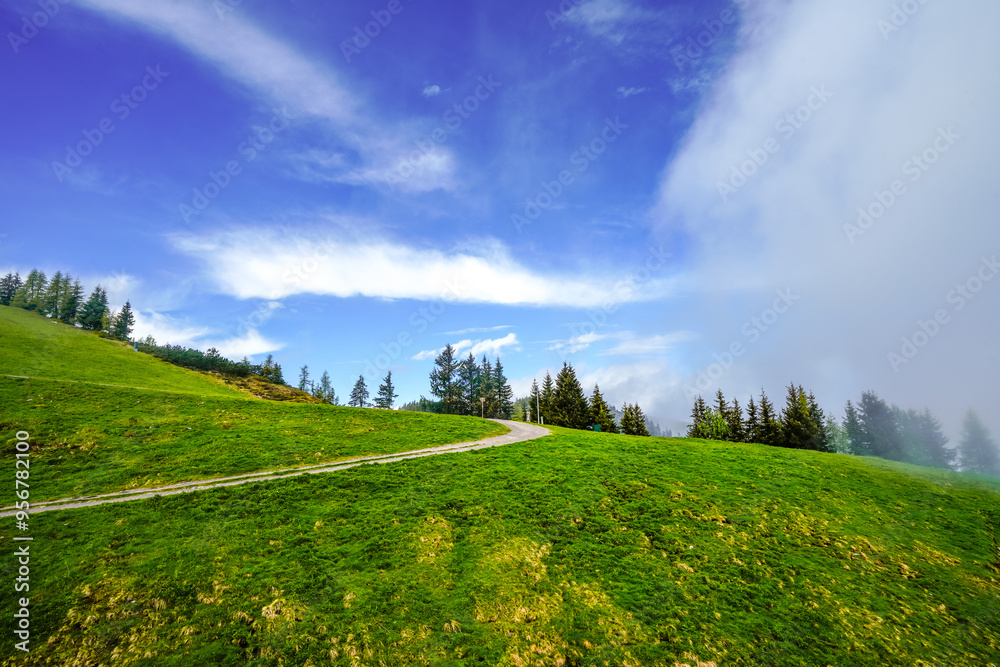 Fototapeta premium View from Schatzberg of the surrounding landscape. Idyllic nature in Wildschönau in the Kufstein district in Austria. Mountain landscape in the Kitzbühel Alps in Tyrol. 