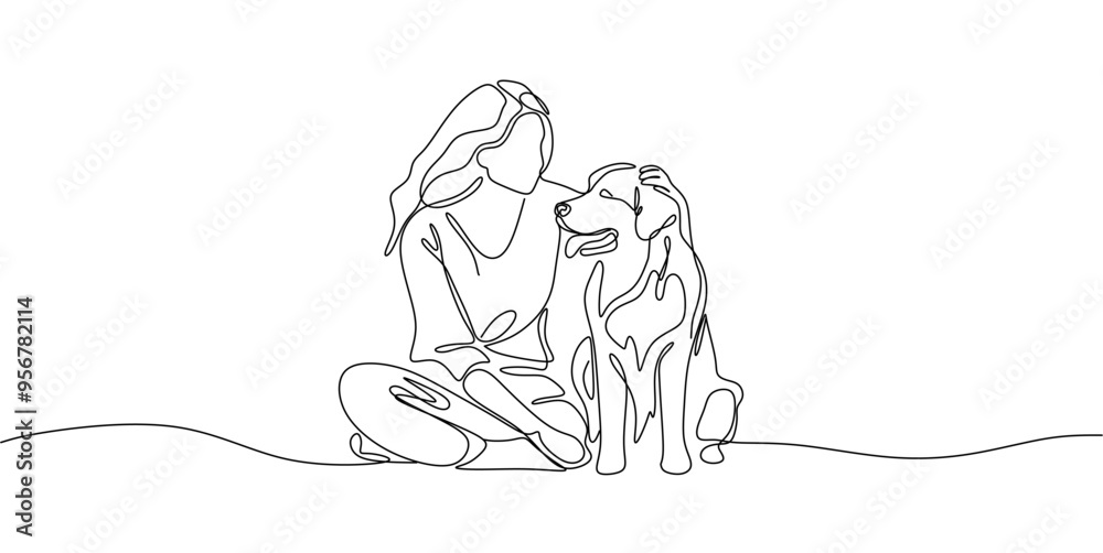 continuous line drawing of happy pet lover with dog vector illustration continuous line drawing of happy pet lover with dog vector illustration