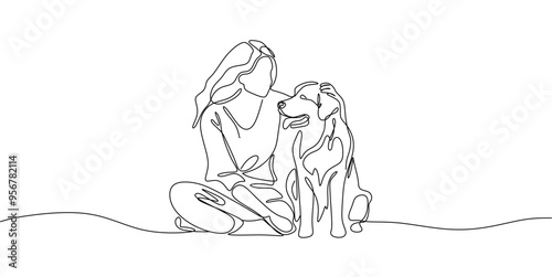 continuous line drawing of happy pet lover with dog vector illustration	
