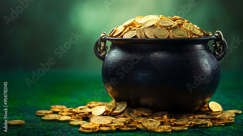 Pot of gold coins on green surface, close-up