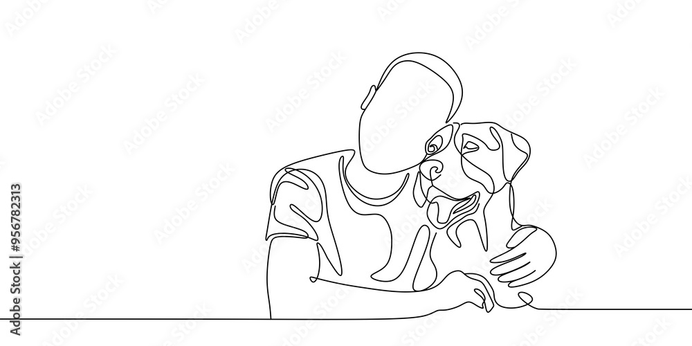 continuous line drawing of happy pet lover with dog vector illustration continuous line drawing of happy pet lover with dog vector illustration