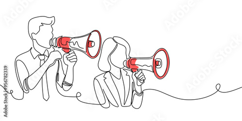 One continuous single drawn line art doodle megaphone, man, woman, people, announcement, business. Isolated image hand drawn continuous outline white background vector. 