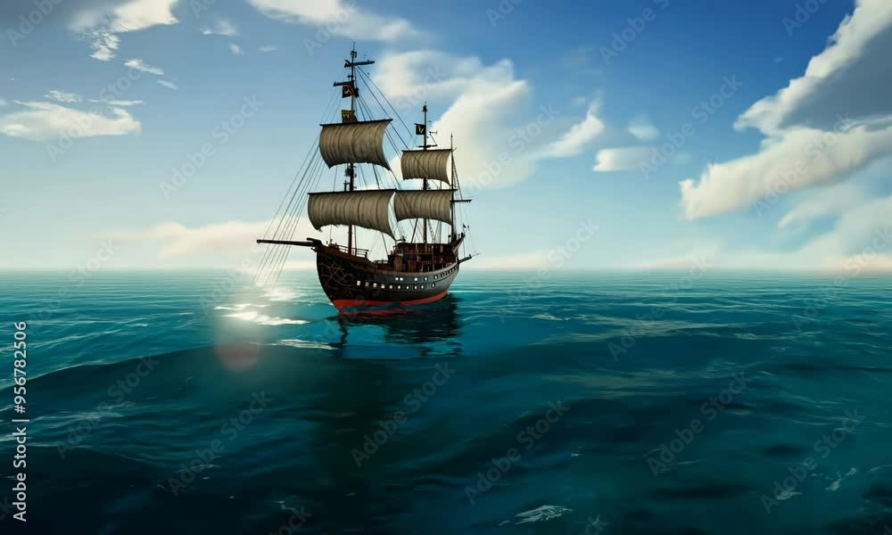 Legendary pirate ship isolated on a vast sea, evoking tales of adventure and exploration Seamless looping 4k time-lapse virtual video animation background. 4K hyperrealistic video Legendary pirate ship isolated on a vast sea, evoking tales of adventure and exploration Seamless looping 4k time-lapse virtual video animation background. 4K hyperrealistic video