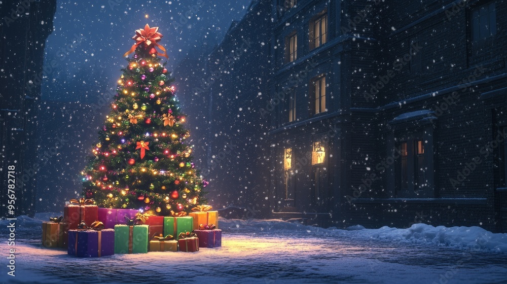 Nighttime snowy scene featuring a Christmas tree with twinkling lights and a collection of colorful presents