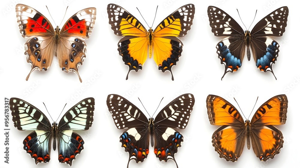 Fototapeta premium Nine Distinct Butterfly Species Elegantly Displayed on a White Background
