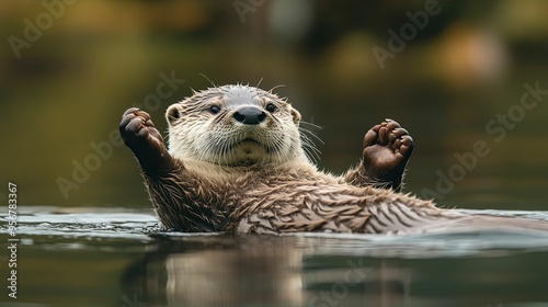 A River Otter Floating on its Back with Paws Raised in the Air