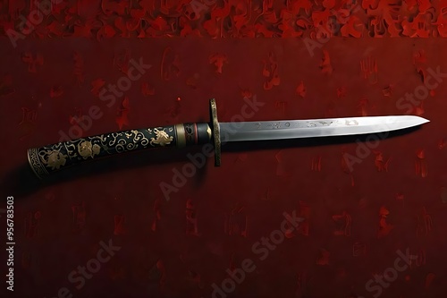 Katana Enshrouded A Minimalist Scene on a Red Background photo