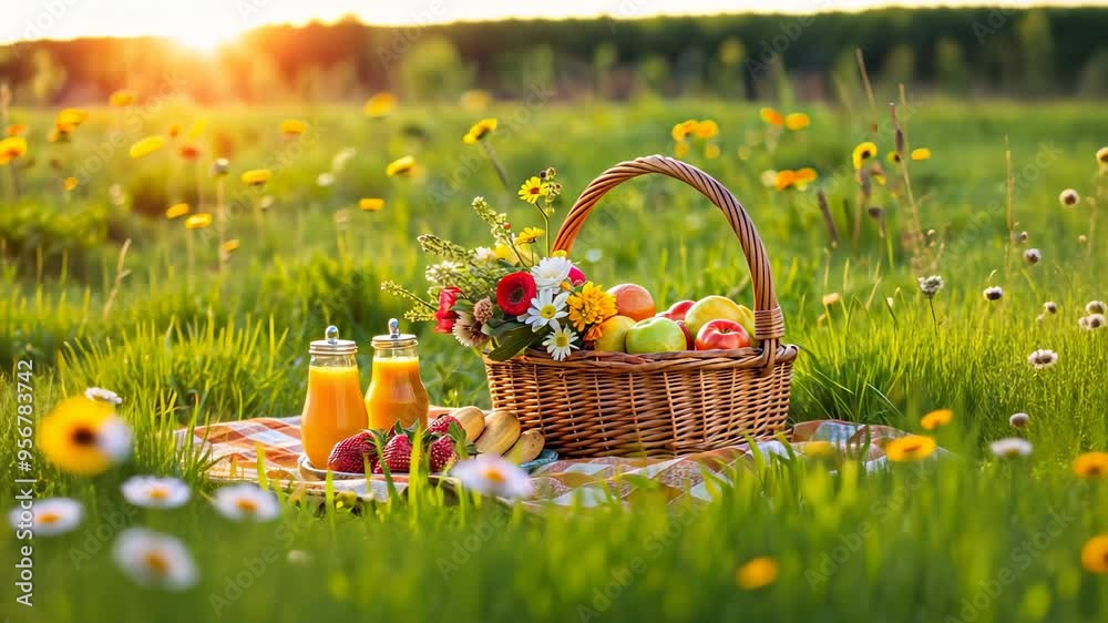 Picnic Basket with Fruits and Flowers in a Summer Meadow. Picnic Basket with Fruits and Flowers in a Summer Meadow.