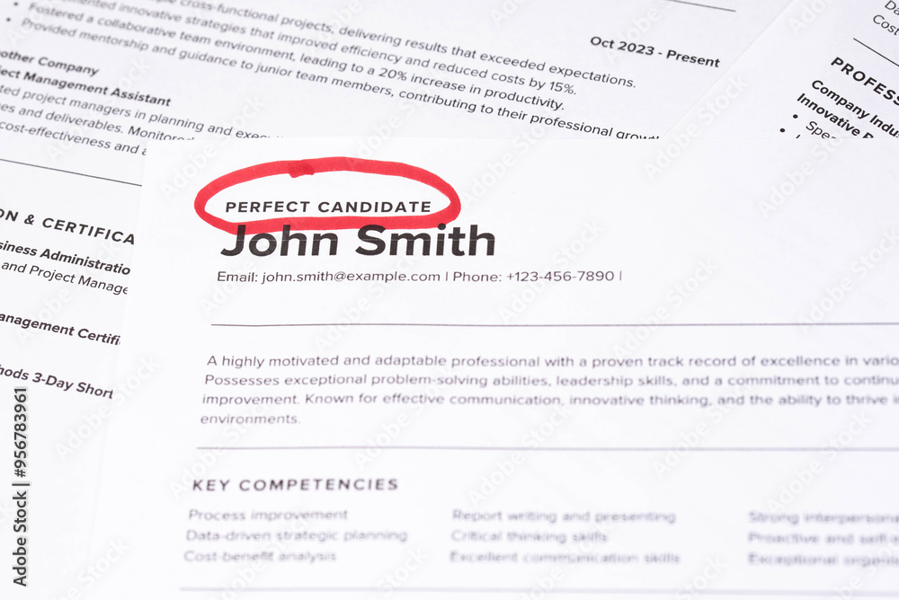 Obraz premium Fake mock CV (curriculum vitae) resume for John Smith, selected by HR as the perfect candidate for a job. Concept of job search, employee selection, recruitment process, work and hiring.