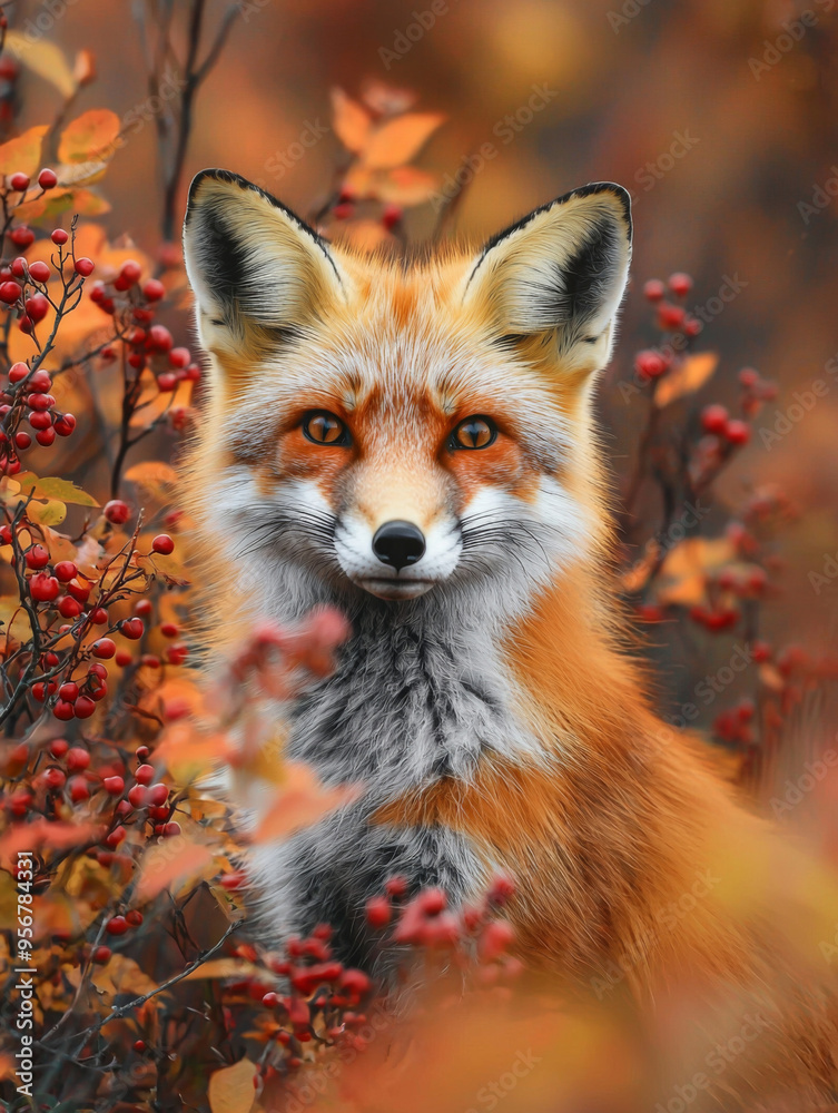 A fox is sitting in a field of red leaves and berries. The fox is looking directly at the camera A fox is sitting in a field of red leaves and berries. The fox is looking directly at the camera